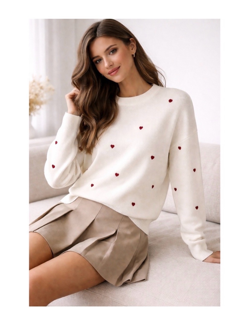 Commense Cream Sweater with Red Heart Embroidery